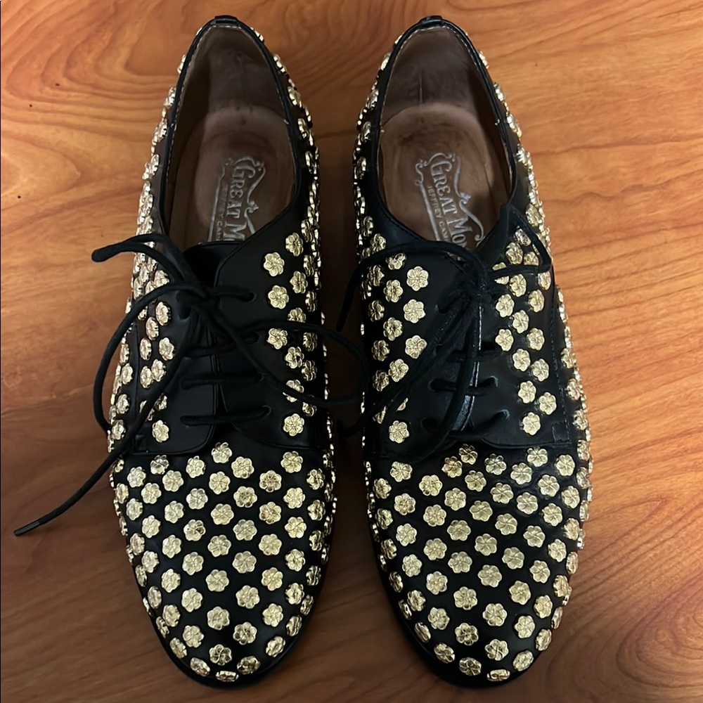 Jeffrey Campbell Black and Gold Floral Loafers
